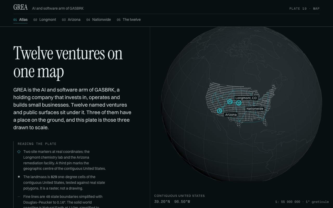 Atlas: a dark cartographic plate with a globe centred on North America and the contiguous United States drawn as a dot raster.